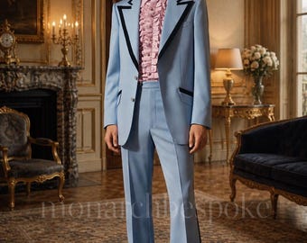 Powder Blue Vintage 70s Flared Pants Suit | Men's Tailored Terry Rayon Formal Outfit | Retro Statement Suit