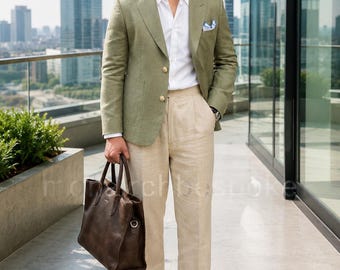 Sage Green Linen Blazer for Men, Tailored Summer Jacket, Smart Casual Sport Coat, Lightweight Wedding Blazer, Elegant Menswear