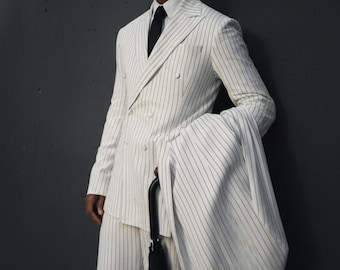 White Pinstripe Double Breasted Suit for Men's | Business Suit For Men | Groom wedding