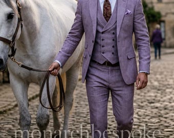 Lavender Linen Three Piece Suit for Men, Vintage Gentleman Wedding Suit, Double Breasted Waistcoat Suit, Old Money Formal Wear
