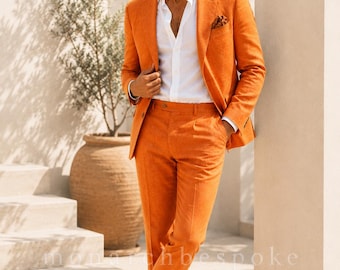 men's Orange Linen Suit, Summer Wedding Suit, Premium Linen Suit, Resort Wear Menswear, Lightweight Luxury Suit, gift for him.