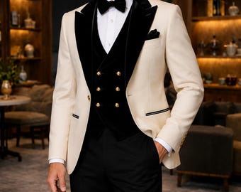 Men's Ivory Tuxedo with Black Velvet Lapel | Double Breasted Wedding Suit | Groom Formal Outfit