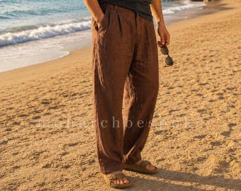Brown Linen Wide Leg Trousers for Men, Relaxed Fit Linen Pants, Resort Wear Menswear, Casual Summer Pants, Luxury Beach Style