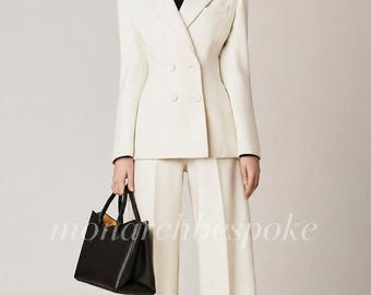 Ivory White Women's Pant Suit | Double Breasted Blazer Set | Wide Leg Trousers Suit |  Wedding Suit | Formal Women Tuxedo