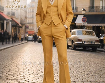 70s Suit Mustard Yellow for Men Vintage Retro Flared Pants, 3 Piece Suit Wedding Suit Groom, Suit Men, Costume Homme gift for him