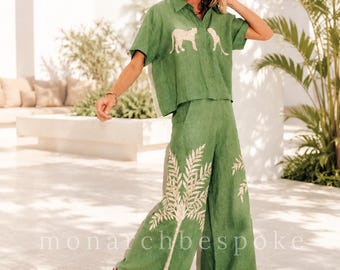 Green Embroidered Linen Co-Ord Set for Women, Premium Linen suit, Wide Leg Linen Pants, Luxury Vacation Outfit, Handmade Embroidered Set