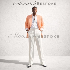 Men's Peach 70s Summer Suit | Wide Lapel Blazer with White Flared Trousers | Retro Lightweight Suit | Disco party outfit.