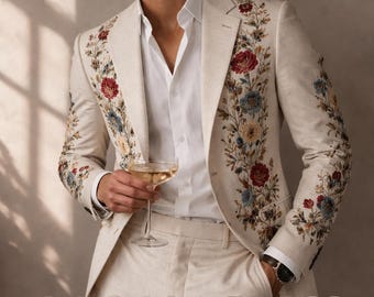 Men’s Beige Linen Suit with Floral Embroidery | Luxury Summer Wedding Suit | Designer Groom Suit | Elegant 2 Piece Linen Suit