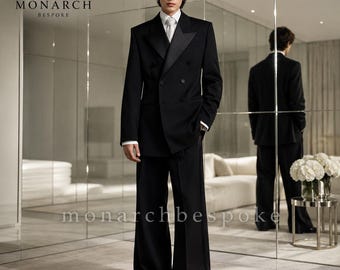 Black Double Breasted Suit for Men, 70s Satin lapel tuxedo Wide Retro Black , Terry Rayon Formal Suit, Vintage Tuxedo Style Suit,