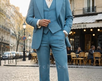 men's 3 Piece 70s Flared Pant Suit |Teal Blue Retro Suit for Men 70s Vintage Tailored Formal Outfit | monarch bespoke suit- Gift For him