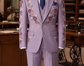 Lavender Floral Embroidered Suit for Men 3 Piece | groom suit | gift for her.