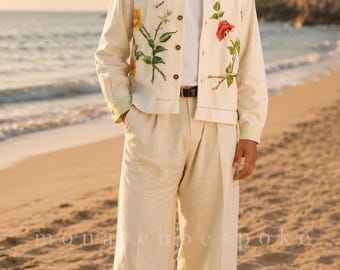 Handmade Embroidered Linen Men’s Suit Set – 70s Style Wide Leg Pants, Retro Summer Wedding Outfit, Breathable Gentleman Look