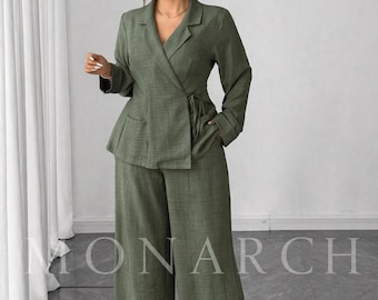 Olive Green Linen Set Women | Two Piece Outfit | Linen Co Ord Set | Wide Leg Pants Set | Summer Outfit Women | Casual Elegant Set