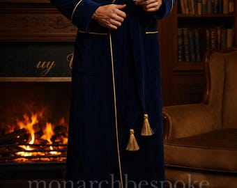 Men’s Luxury navy blue Velvet Robe | Quilted Shawl Collar Tuxedo Style | Premium formal loungewear