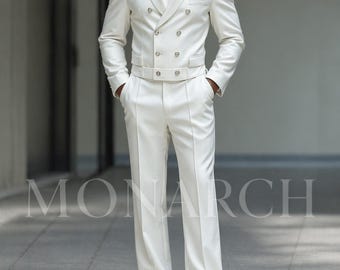 Dwurzędowy garnitur męski w kolorze białym z paskiem | Luksusowy garnitur ślubny dla pana młodego | Nowoczesny garnitur formalny | Elegancki garnitur dwuczęściowy szyty na miarę