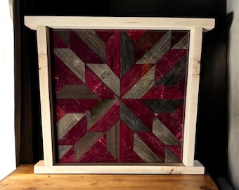 Red & Gray Barn Quilt | Geometric Wood Wall Art, Maple Frame