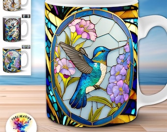 Hummingbird Mug Designs | 3 Vibrant Stained Glass Bird 11oz & 15oz Wraps | Birdwatcher Sublimation PNGs | Nature Lover Gift | Bird Decor