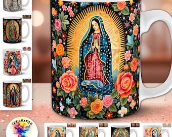Virgen de Guadalupe Mug Designs | 40 Virgin Mary 11oz PNG Sublimation Wraps | Catholic Art Bundle | Mexican Culture Templates