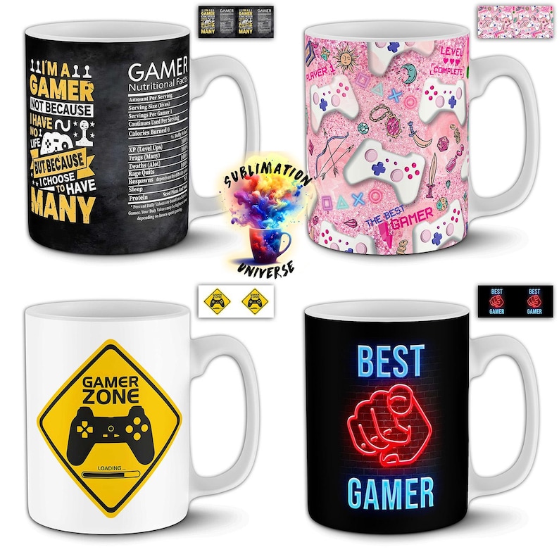 Peut inclure: Quatre mugs en c&eacute;ramique blanche avec des motifs sur le th&egrave;me du jeu vid&eacute;o. L'un des mugs affiche le texte "I'M A GAMER" et une &eacute;tiquette de valeurs nutritionnelles. Un autre a un fond rose avec des manettes de jeu. Un troisi&egrave;me mug a un panneau "GAMER ZONE". Le dernier mug affiche "BEST GAMER" en n&eacute;on.