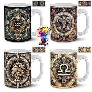 Pode incluir: Quatro canecas de cer&acirc;mica branca com desenhos de signos do zod&iacute;aco. Cada caneca apresenta um s&iacute;mbolo do zod&iacute;aco diferente em um estilo detalhado e ornamentado. As canecas s&atilde;o decoradas com detalhes dourados, marrons e pretos. As canecas s&atilde;o para os signos Aqu&aacute;rio, &Aacute;ries, Le&atilde;o e Libra.