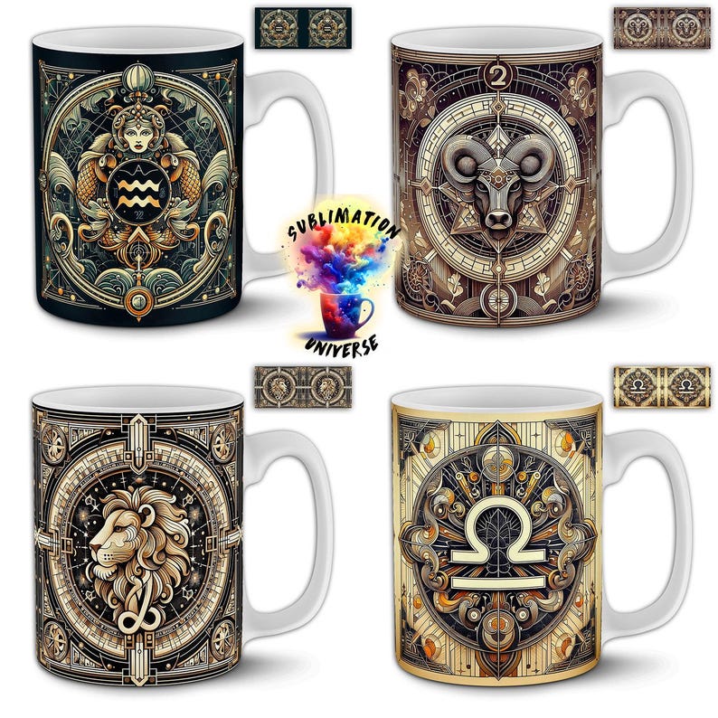 Pode incluir: Quatro canecas de cer&acirc;mica branca com desenhos de signos do zod&iacute;aco. Cada caneca apresenta um s&iacute;mbolo do zod&iacute;aco diferente em um estilo detalhado e ornamentado. As canecas s&atilde;o decoradas com detalhes dourados, marrons e pretos. As canecas s&atilde;o para os signos Aqu&aacute;rio, &Aacute;ries, Le&atilde;o e Libra.