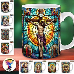 May include: White ceramic mug with a stained-glass design of Jesus on the cross, set against a yellow and orange backdrop. Other mugs with religious themes are shown, including Jesus, Mary, and crosses. The mugs are displayed on a wooden surface.