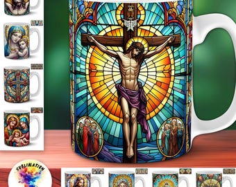 Christian Themes Mug Design Bundle | 100 Religious Stained Glass 11oz Sublimation Wraps | Crucifixion, Nativity, Jesus, Mary, Resurrection