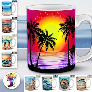 Könnte beinhalten: Weiße Keramik-Tasse mit einem Sonnenuntergangsdesign, Palmen vor einem gelb-roten Himmel. Die Tasse hat ein Strandthema, mit weiteren Tassen, die Ozean- und Strandszenen zeigen.