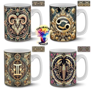 Pode incluir: Quatro canecas de cer&acirc;mica branca com desenhos de signos do zod&iacute;aco. Cada caneca apresenta um s&iacute;mbolo astrol&oacute;gico diferente em um estilo detalhado e ornamentado com detalhes dourados, verde-azulado e rosa. As canecas t&ecirc;m al&ccedil;as brancas e o texto "Sublimation Universe".
