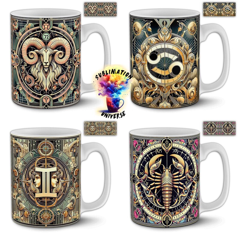 Pode incluir: Quatro canecas de cer&acirc;mica branca com desenhos de signos do zod&iacute;aco. Cada caneca apresenta um s&iacute;mbolo astrol&oacute;gico diferente em um estilo detalhado e ornamentado com detalhes dourados, verde-azulado e rosa. As canecas t&ecirc;m al&ccedil;as brancas e o texto "Sublimation Universe".