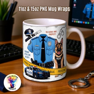 May include: White ceramic mug with a police theme. The design includes a blue police uniform, a German Shepherd, a police car, handcuffs, and the text "To Serve and Protect." The mug also features the text "Courage in the line of duty" and "Heroes in blue. Protection."