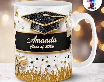 Graduation Glam Mug Wraps | 3D Glitter Grad Customizable 11oz & 15oz PNG Sublimation Designs | Luxury Bling look