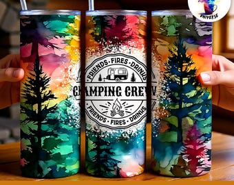 Conception de gobelet pour équipage de camping | Châssis mince pour sublimation Friends Fires & Drinks, 20 oz | Aquarelle de pins et camping-car PNG | Prêt à l'emploi