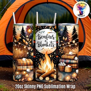 Vaso PNG para fogatas y mantas / Envoltura delgada para sublimación de 20 oz para acampar / Diseño de malvavisco para fogatas al aire libre / Para artesanos y POD