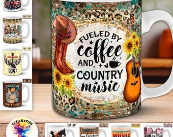 Designs de canecas com tema country | 12 embalagens de sublimação de 325 ml com tema western e cowboy | Pacote PNG com tema "Abastecido por café e country" | Pronto para POD e artesanato
