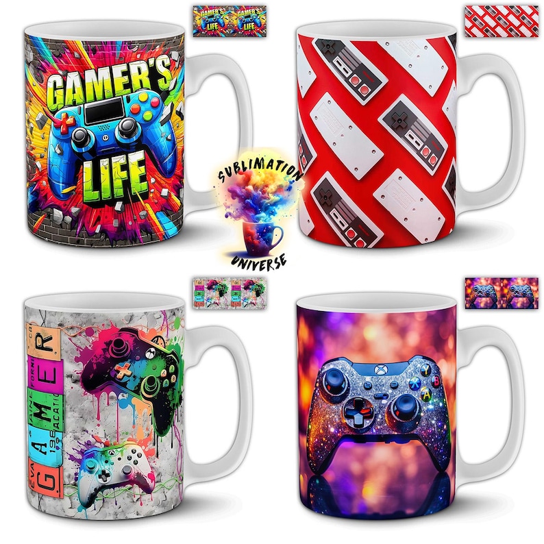 Peut inclure: Quatre mugs en c&eacute;ramique blanche avec des motifs sur le th&egrave;me des jeux vid&eacute;o. L'un des mugs pr&eacute;sente une manette bleue avec le texte "GAMER'S LIFE" sur un fond de mur en briques. Un autre a un fond rouge avec des manettes blanches.
