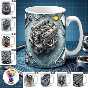 May include: White ceramic mug featuring a detailed illustration of a car engine, surrounded by tools and blueprints. The design is predominantly gray and silver, set against a blue background. Additional mugs with engine-themed designs are also visible.