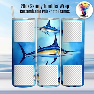 May include: A 20oz skinny tumbler wrap featuring a vibrant blue marlin design. The tumbler includes customizable PNG photo frames. The design showcases a marlin swimming in a blue ocean, with the text "20oz Skinny Tumbler Wrap Customizable PNG Photo Frames".