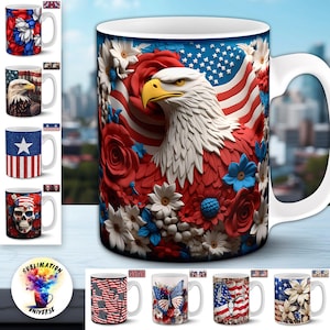 USA Patriotische Tasse Design Bundle | 40 4. Juli 11 Unzen PNG Sublimation Wraps | Amerikanische Flaggen, Weißkopfseeadler, Blumen | Für Handwerker & POD