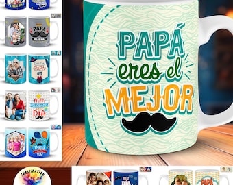 Día del Padre Plantillas PNG för Tazas 11oz | 12 Diseños con Marco para Foto Personalisable | Kit Digital Sublimación på Español