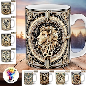 Pode incluir: Caneca de cer&acirc;mica branca com um design detalhado de le&atilde;o dourado, rodeado por padr&otilde;es geom&eacute;tricos e s&iacute;mbolos astrol&oacute;gicos. Outras canecas com diferentes signos do zod&iacute;aco tamb&eacute;m s&atilde;o vis&iacute;veis. A caneca tem uma al&ccedil;a branca.