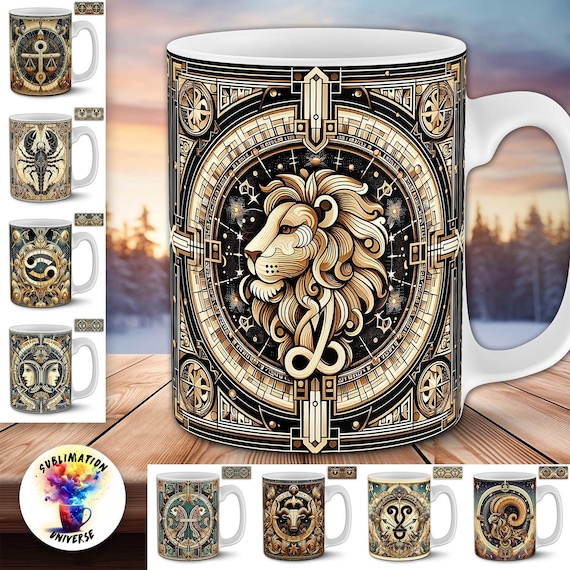 Art Deco Zodiac Mug Designs | 24 Nouveau Astrology Sign 11oz Sublimation Wraps | Celestial Symbol PNG Bundle | For Crafters & POD