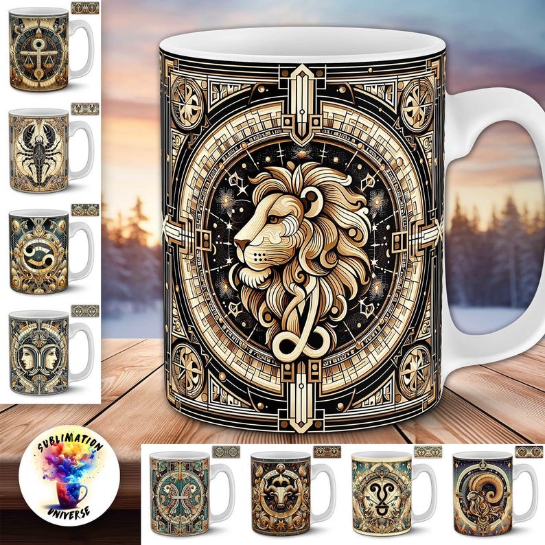 Pode incluir: Caneca de cer&acirc;mica branca com um design detalhado de le&atilde;o dourado, rodeado por padr&otilde;es geom&eacute;tricos e s&iacute;mbolos astrol&oacute;gicos. Outras canecas com diferentes signos do zod&iacute;aco tamb&eacute;m s&atilde;o vis&iacute;veis. A caneca tem uma al&ccedil;a branca.