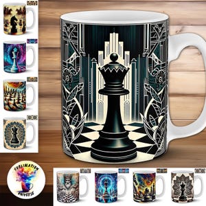 May include: White ceramic coffee mug with a black chess queen design. The queen is set against a black and white chequered background, with an Art Deco-style cityscape behind it. Other mugs with chess themes are also displayed.
