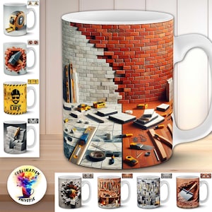 以下が含まれることがあります： 建設をテーマにした白いセラミックマグ。レンガの壁、ツール、建築資材のデザイン。メジャー、ハンマー、作業員など、建設関連のグラフィックが描かれたマグカップも表示されています。
