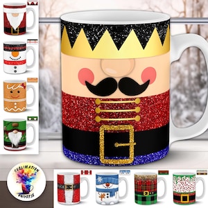 May include: White ceramic mugs with festive designs, including a nutcracker, Santa Claus, a snowman, a gingerbread person, and a gnome. The mugs feature vibrant colors and glitter accents, perfect for holiday gifting or personal use.