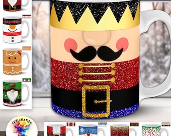 May include: White ceramic mugs with festive designs, including a nutcracker, Santa Claus, a snowman, a gingerbread person, and a gnome. The mugs feature vibrant colors and glitter accents, perfect for holiday gifting or personal use.