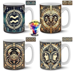 Pode incluir: Quatro canecas de cer&acirc;mica branca com designs de signos do zod&iacute;aco. Cada caneca apresenta um s&iacute;mbolo astrol&oacute;gico diferente: Aqu&aacute;rio, &Aacute;ries, C&acirc;ncer e G&ecirc;meos. As canecas t&ecirc;m ilustra&ccedil;&otilde;es intrincadas em estilo art d&eacute;co em tons de ouro, azul e castanho. O texto "Sublimation Universe" tamb&eacute;m &eacute; vis&iacute;vel.