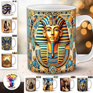 May include: White ceramic mug featuring a detailed illustration of Tutankhamun's mask in gold and blue. The mug has a white handle and is surrounded by other mugs with Egyptian-themed designs. The word "UNIVERSE" is printed on a coaster.