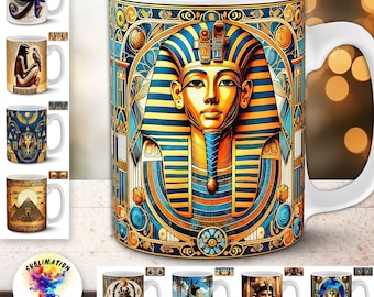 Sublimatiebundel Oud-Egypte | 12 png-bekers van 11 oz | Sjablonen voor piramides, Ankh, Scarabee, Ra Eye, Cleopatra, farao's, Anubis | Klaar voor POD